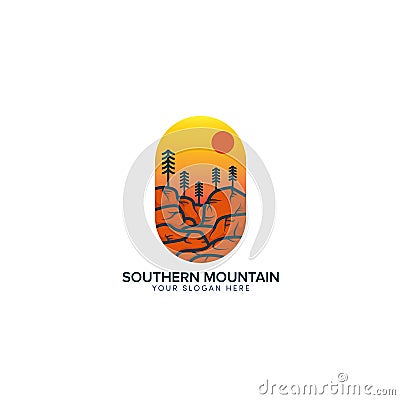 Southern mountain and hill logo design with sun orange Vector Illustration