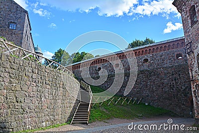 The southern wall with loopholes and Main castle case in Vyborg Castle, Russia Stock Photo