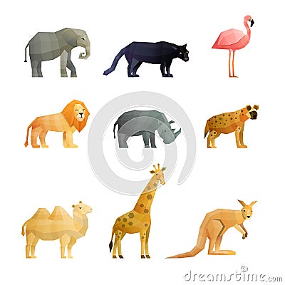 Southern Wild Animals Polygonal Icons Set Vector Illustration