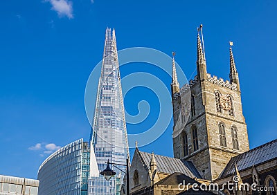 Southwark Cathedral and Shard Skyscraper Editorial Stock Photo