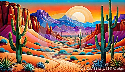 Southwest desert sunset cliff erosion formation landscape colors Cartoon Illustration