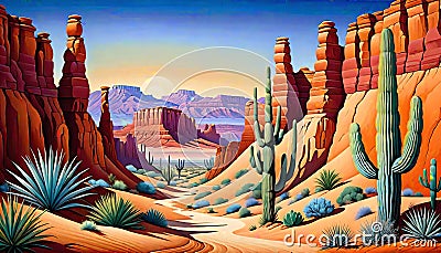 Southwest desert sunset shadow formation erosion drainage Cartoon Illustration