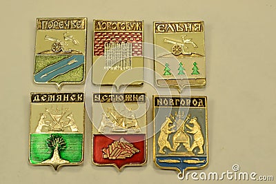 Souvenir badges of coats of arms of Russian cities Stock Photo
