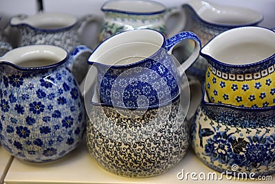 souvenir ceramic jugs painted in blue color Stock Photo