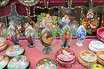 Souvenir eggs and boxes paintinted with flowers Editorial Stock Photo