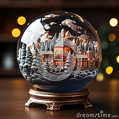 A souvenir glass ball with a miniature village inside. Generative AI Stock Photo