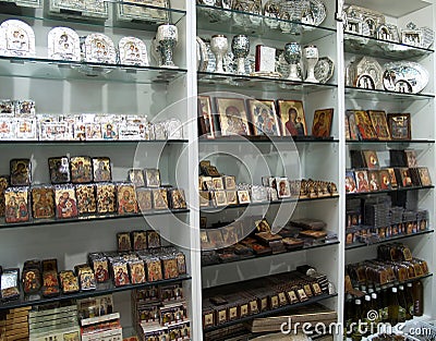 Souvenir icons are on sale in shop of Jerusalem, Israel Editorial Stock Photo