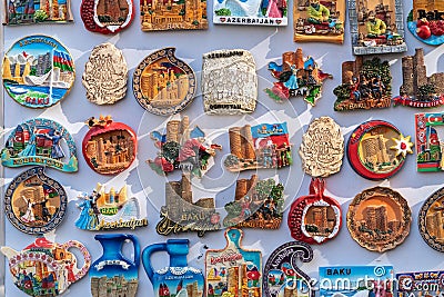 Souvenir magnetic badges, Baku city, Azerbaijan Editorial Stock Photo