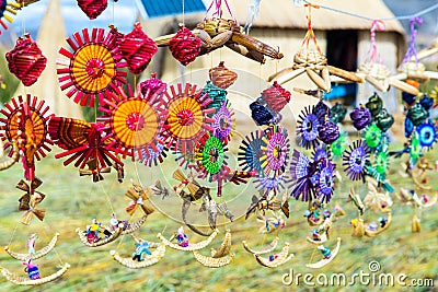 Souvenir from reed on Floating islands Titicaca lake, Peru, America. Stock Photo