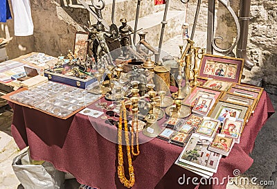 Souvenir shop and ethnic clothes in the tourist area of Budva. Montenegro Editorial Stock Photo