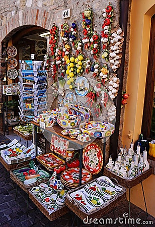 Souvenir shop handmade objects and spices vintage in Sirmione, Lake Garda, Italy Editorial Stock Photo