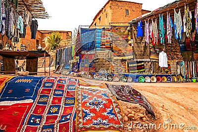 Souvenir shop in the open air in Kasbah Ait Ben Haddou near Ouarzazate in the Atlas Mountains of Morocco. Artistic picture. Beaut Stock Photo