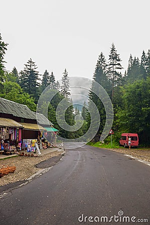 Souvenir shops on the Bicaz Gorge road in Romania, is one of the most spectacular drives in country, location in Carpathian Editorial Stock Photo