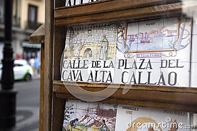 Souvenir showcase wit traditional tile street signs in Madrid, Spain sight of the city 2018-08-07 Editorial Stock Photo