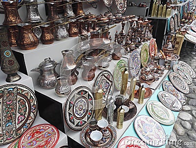 Souvenir stand, traditional handcrafted cooper coffee pots Stock Photo