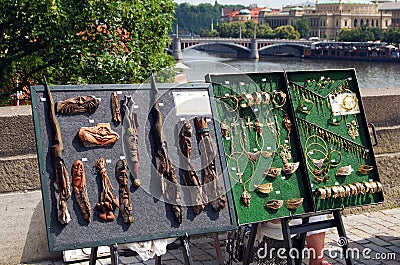 Souvenirs on Charles Bridge, Prague. Editorial Stock Photo