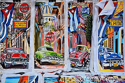 Souvenirs of Cuba at local market, chevrolets painting Editorial Stock Photo