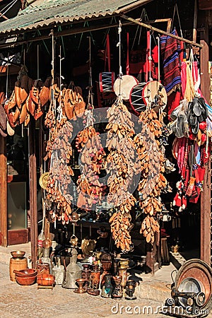 Souvenirs for sale in Skopje old bazar, Macedonia Editorial Stock Photo