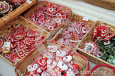 Souvenirs on stall with decorations for winter holidays at traditional annual Christmas market in Zagreb Stock Photo