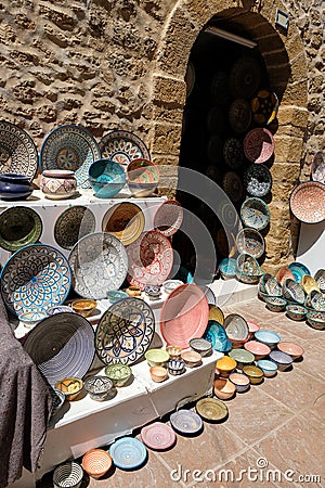 Souvenirs street shop in city of Essaouira,Morocco Editorial Stock Photo