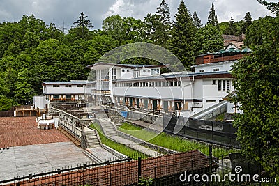 Terrace on the shore of Bear Lake Lacul Ursu in Sovata resort, Transylvania, Romania. Editorial Stock Photo