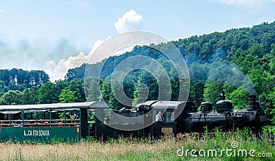 SOVATA, ROMANIA - Jul 17, 2020: The narrow gauge train with tourists from Sovata resort Editorial Stock Photo