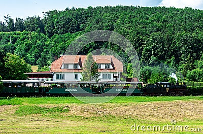 SOVATA, ROMANIA - Jul 17, 2020: The narrow gauge train with tourists from Sovata resort Editorial Stock Photo