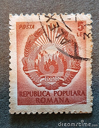 SOVATA, ROMANIA - Jul 02, 2020: old Romanian stamp from 1952 with the coat of arms of the Romanian People\'s Republic Editorial Stock Photo