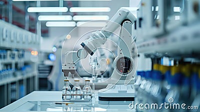 Sovereign AI-Driven Robotic Arm Adjusting Components in Lab with Real-Time Data-Based Decision Making and Advanced Automation Stock Photo