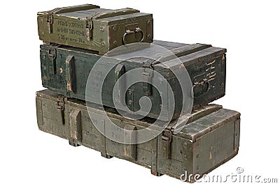 Soviet army ammunition stack of green crates. Text in russian - type of ammunition, projectile caliber, projectile type, number of Stock Photo
