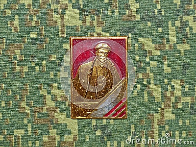 Soviet badge depicting Vladimir Ilyich Lenin Ulyanov from the collections `Vladimir Lenin`. Closeup. Faleristics. Editorial Stock Photo