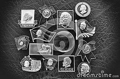 Soviet badges with the image of Vladimir Lenin in black-white Stock Photo