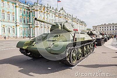 Soviet medium Tank T-34 of times of World War II on the military-patriotic action, dedicated to the Day of Memory and Grief on Pal Editorial Stock Photo