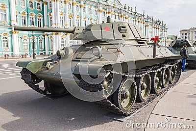 Soviet medium Tank T-34 of times of World War II on the military-patriotic action, dedicated to the Day of Memory and Grief on Pal Editorial Stock Photo