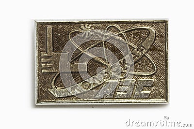 Soviet metallic badge dedicated to the Kola nuclear power plant Editorial Stock Photo