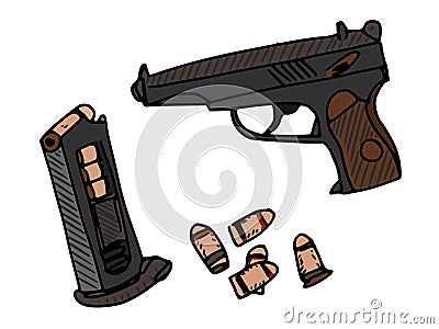 Soviet pistol with magazine and cartridges vector Vector Illustration