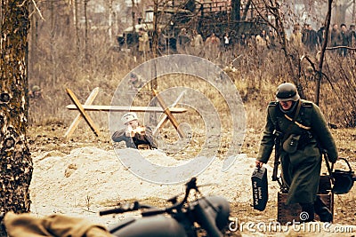 Soviet soldier is fighting the German invaders. Gomrl, Belarus Editorial Stock Photo