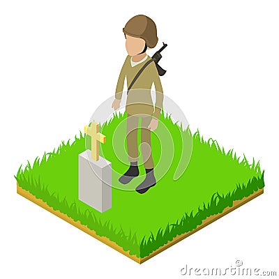 Soviet soldier icon isometric vector. Soldier man in uniform stand near grave Vector Illustration