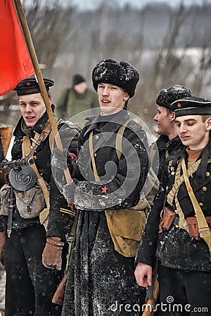 : Soviet soldiers of World War II. Military-historical reconstruction of the battle, which lifted the siege of Leningrad Editorial Stock Photo