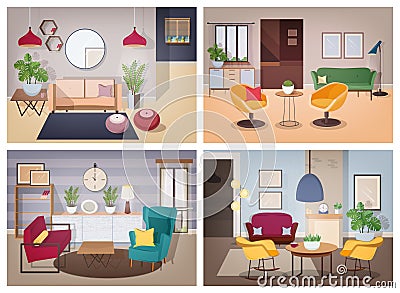 Soviet style living-room collection. Furnished apartment with domestic plants. Colorful vector illustration set. Vector Illustration