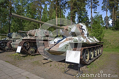 Soviet tank T-34-85 in the coloration of the Finnish army of the Second World War period Editorial Stock Photo
