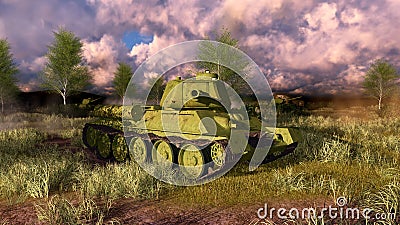 Soviet tank T 34 take aim at the camera Cartoon Illustration