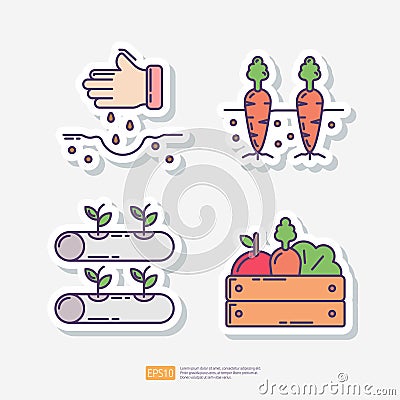 sow seed plan, carrot vegetable in soil, hydroponics farming, vegetables in wood box. Agriculture and farming sticker icon set. Vector Illustration