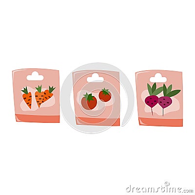 Sowing seeds. Garden package of seeds. Tomato, carrot, beet seeds. Isolated vector illustration on white background. Vector Illustration