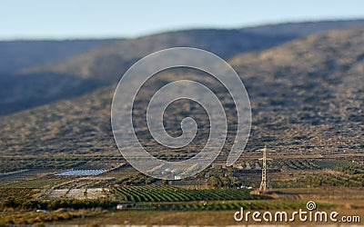 Sown field in mediterranean with high voltage line Stock Photo