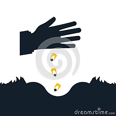 Sows grain. Man holds grain for sowing. Vector Illustration