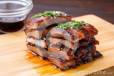 soy-based marinade seeping into stacked pork belly slices Stock Photo