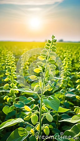 Soy flowers in sunny field. Green growing soybeans Stock Photo