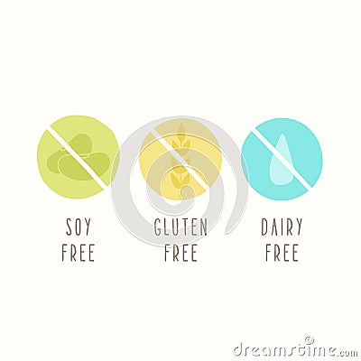 Soy, gluten, dairy free. Set of signs. Vector Illustration