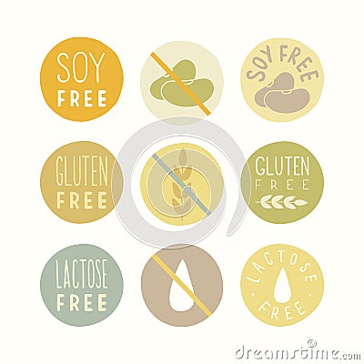 Soy, gluten, lactose free signs. Vector Illustration